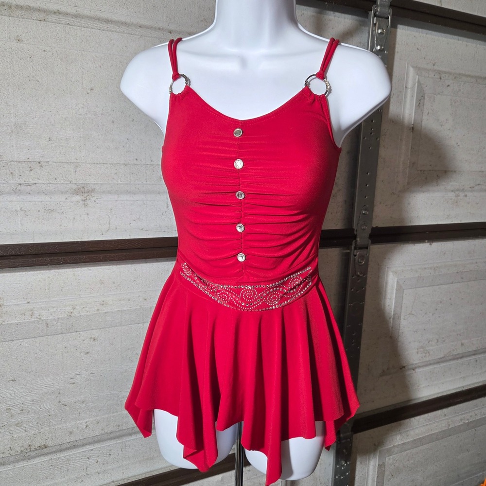 Y2K Red Ruched Rhinestone Peplum Party Top Handkerchief Hem Camisole Small
